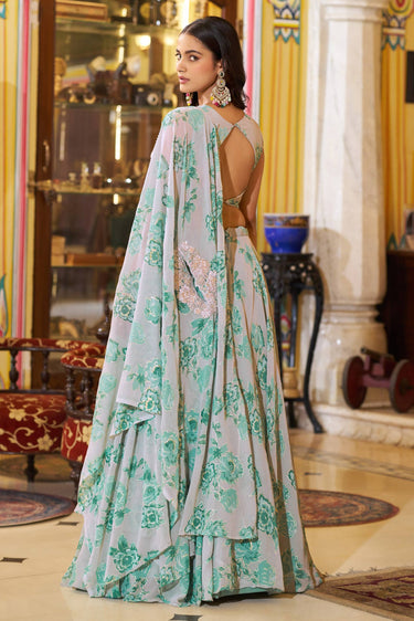Floral Printed Georgette Sangeet Wear Readymade Lehenga Choli Cape Style Dupatta