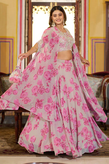 Women's Floral Printed Georgette Designer Readymade Lehenga Choli Cape Style Dupatta