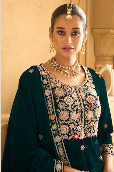 Dark Green Embroidered Velvet Palazzo Salwar Suit For Sangeet Wear