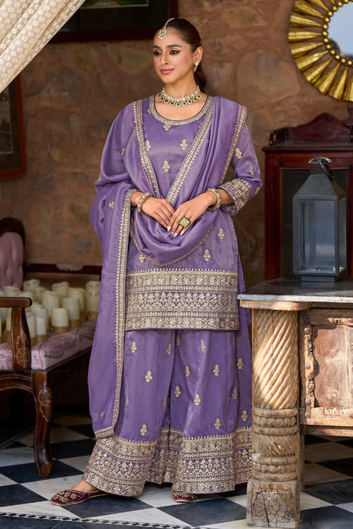 Festive Wear Fancy Fabric Designer Readymade Palazzo Suit In Purple Color