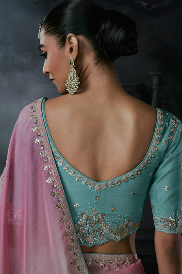 Graceful Light Cyan Tissue Silk Organza Embroidered Occasion Wear Saree