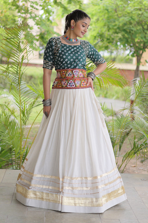 Gamthi Embroidered Green Cotton Lehenga With Bandhej Print Choli
