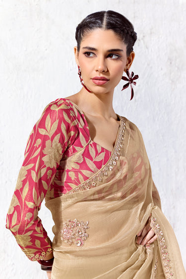 Organza Silk Heavy Lace Work Cream Saree With Unstitched Blouse