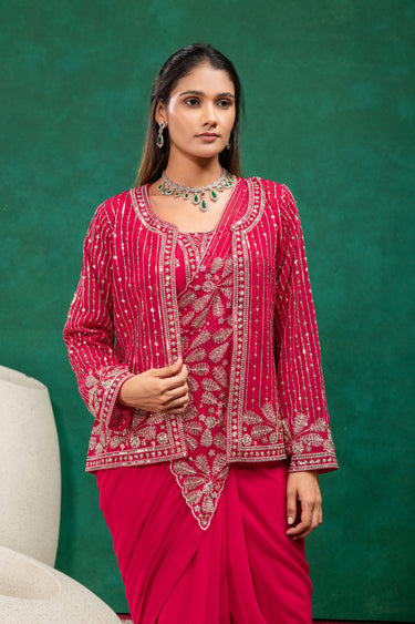 Women Designer Sequins Embroidered Party Wear Readymade Saree With Jacket