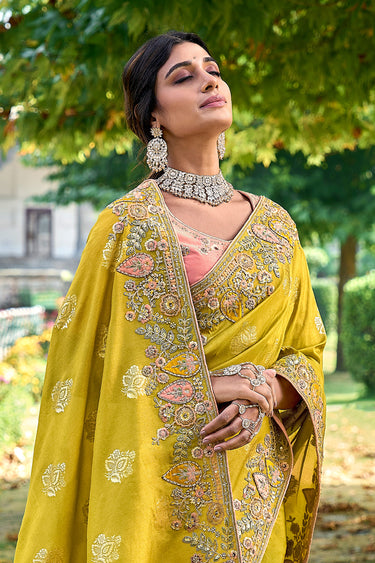 Classic Fancy Tissue Silk Heavy Embroidered Bridal Saree With Raw Silk Blouse