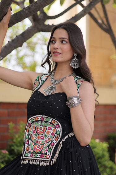 Heritage Black Rayon Gamthi Mirror Work Festive Wear Chaniya Choli