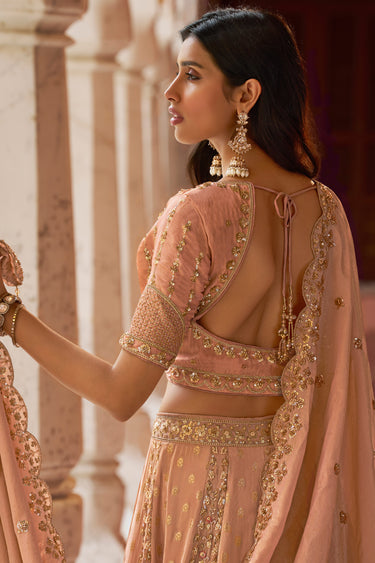Royal Peach Premium Banarasi Silk Zari Embroidered Bridal Lehenga Choli With Dupatta
