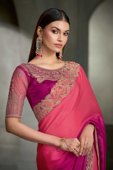 Designer Magenta Saree With Intricate Lace Border And Contrast Blouse