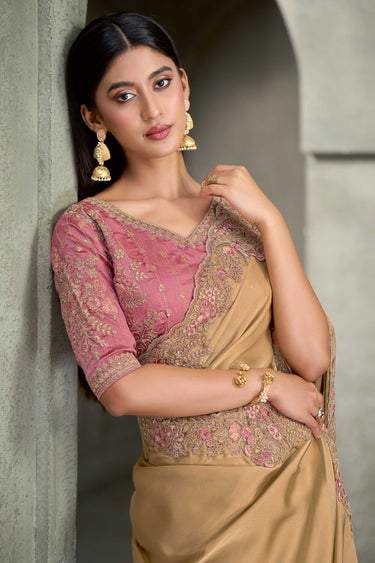 Embroidered Designer Satin Georgette Beige Saree With Lace Border And Contrast Blouse