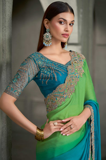 Premium Cyan Satin Chiffon  Embroidered Lace Work Saree With Unstitched Contrast Blouse