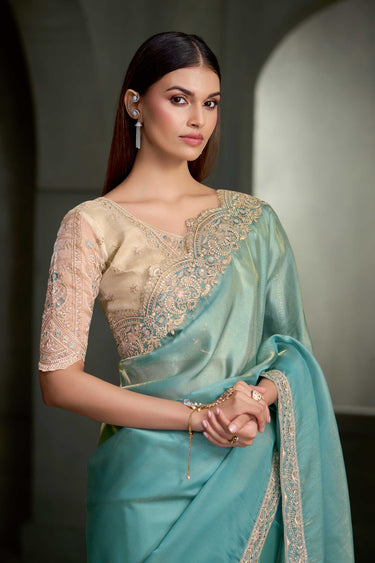 Designer Cyan Lace Border Tissue Silk Saree With Contrast Blouse