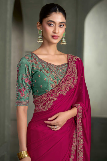 Fancy Magenta Embroidered Border Satin Chiffon  Saree With Unstitched Contrast Blouse