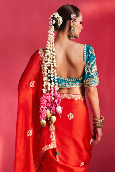 Emerald Red Art Silk Saree With Embroidered Blouse