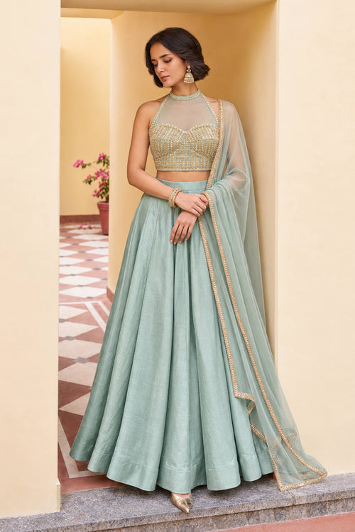 Art Silk Sequins Work Light Cyan Corset Top With Lehenga