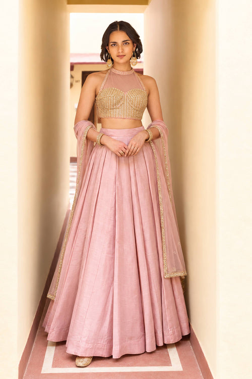 Function Wear Art Silk Designer Pink Corset Top With Lehenga