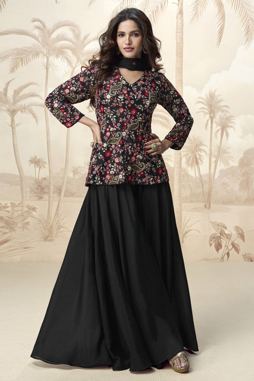 Chinon Embroidered Readymade Palazzo Dress In Black Color