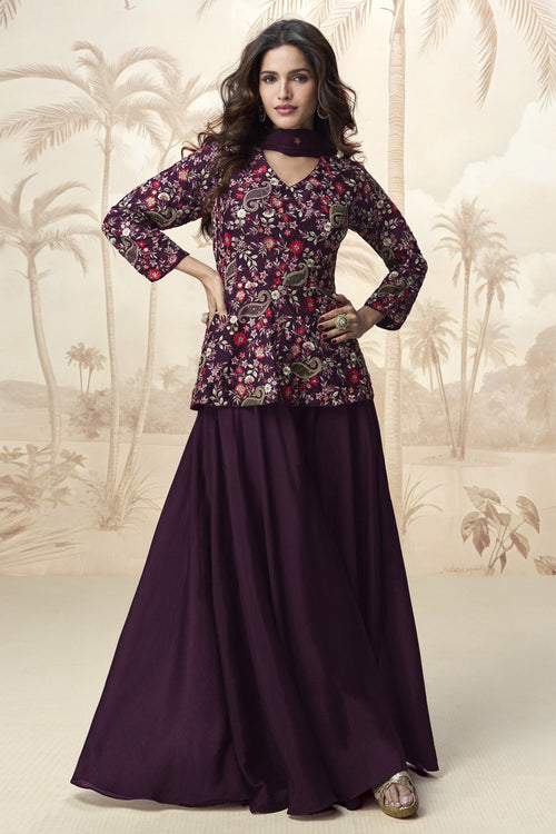 Embroidered Purple Readymade Palazzo Salwar Kameez In Chinon Fabric