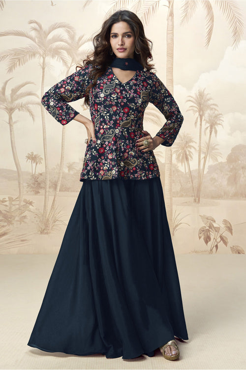 Navy Blue Embroidered Chinon Designer Readymade Palazzo Salwar Suit