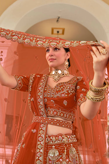 Heritage Rust Silk Bridal Wedding Lehenga With Net Dupatta