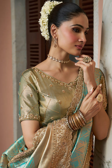 Elegant Cyan Soft Silk Kanjivaram Designer Wedding Saree