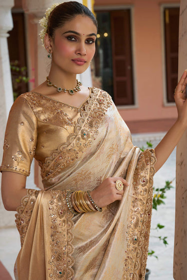 Luxurious Beige Designer Kanjivaram Soft Silk Bridal Saree