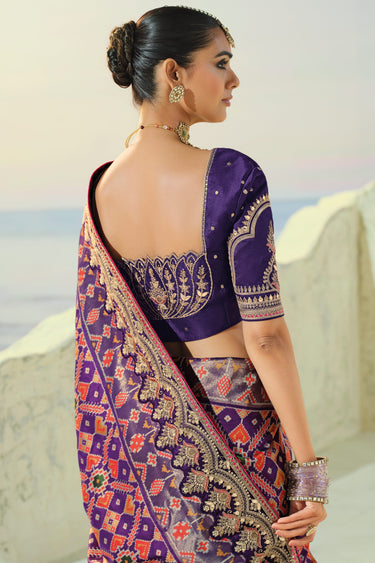 Traditional Purple Heavy Hand Embroidered Patola Silk Wedding Saree