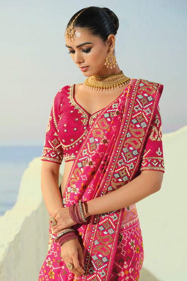 Heritage Pink Designer Patan Patola Silk Saree With Unstitched Blouse