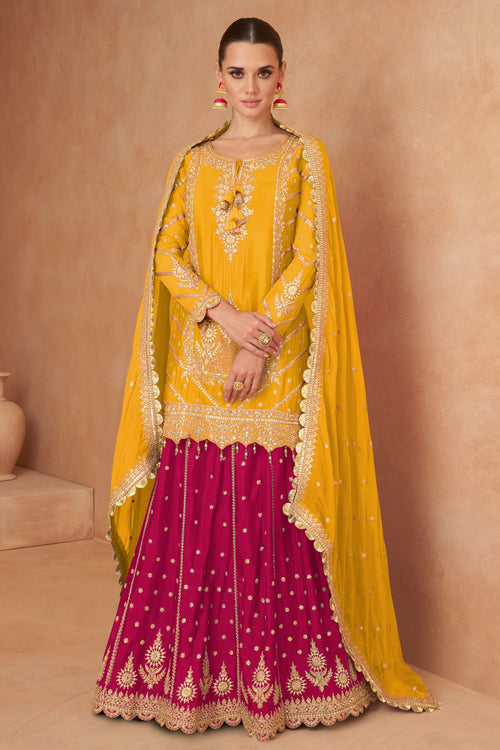 Yellow Chinon Embroidered Festive Wear Readymade Sharara Top Lehenga