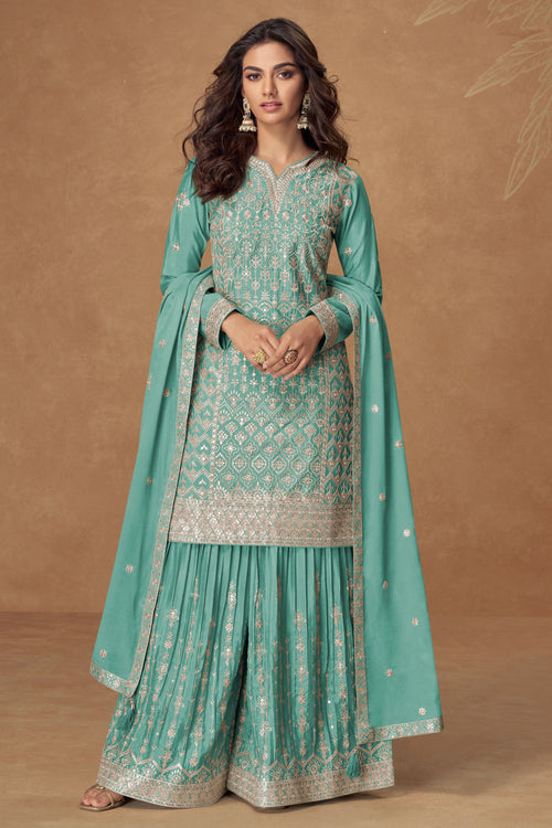 Chinon Silk Light Cyan Color Embroidered Readymade Palazzo Salwar Suit