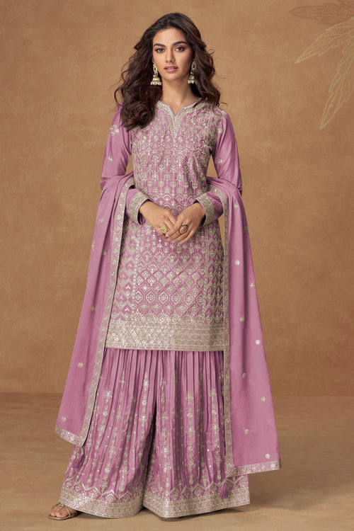 Embroidered Chinon Silk Pink Color Readymade Palazzo Suit