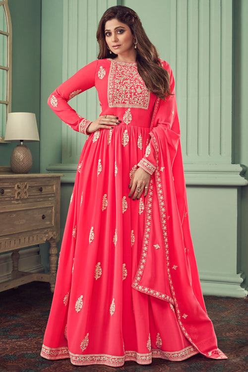Shamita Shetty Pink Anarkali Salwar Kameez In Georgette Fabric