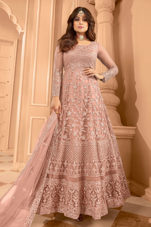 Shamita Shetty Net Embroidered Work Peach Designer Anarkali Suit