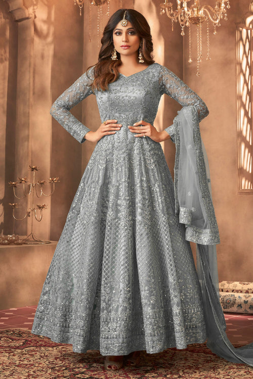 Shamita Shetty Embroidered Net Anarkali Salwar Suit In Grey Color