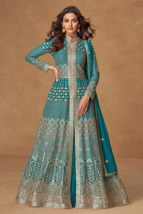 Teal Embroidered Wedding Wear Long Top With Skirt