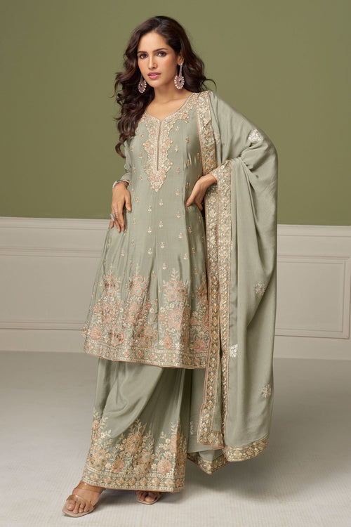 Chinon Embroidered Dark Beige Designer Readymade Sharara Style Salwar Kameez