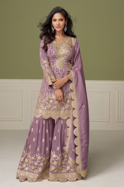 Attractive Lavender Art Silk Embroidered Readymade Sharara Style Suit