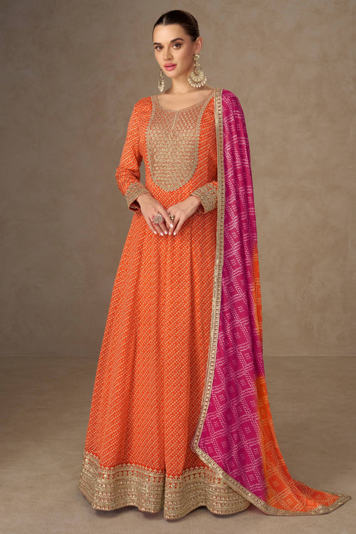 Orange Chinon Sequins Work Readymade Anarkali Salwar Kameez