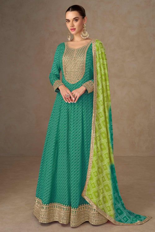 Chinon Green Sequins Work Readymade Anarkali Salwar Suit