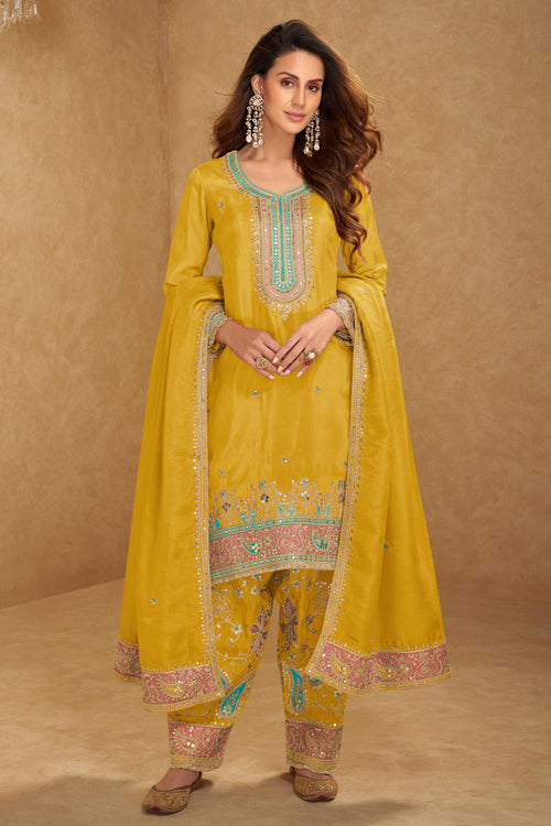 Art Silk Function Wear Embroidered Readymade Designer Salwar Kameez In Yellow Color