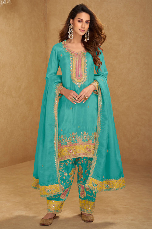 Cyan Art Silk Fancy Embroidered Function Wear Readymade Designer Salwar Suit