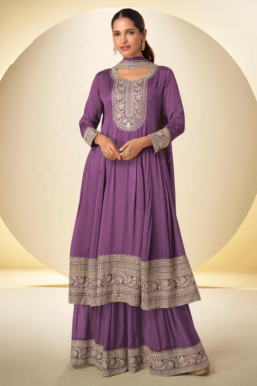 Chinon Purple Embroidered Readymade Palazzo Salwar Suit