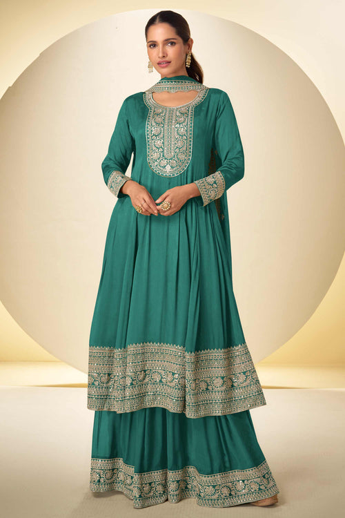 Embroidered Chinon Teal Readymade Palazzo Suit