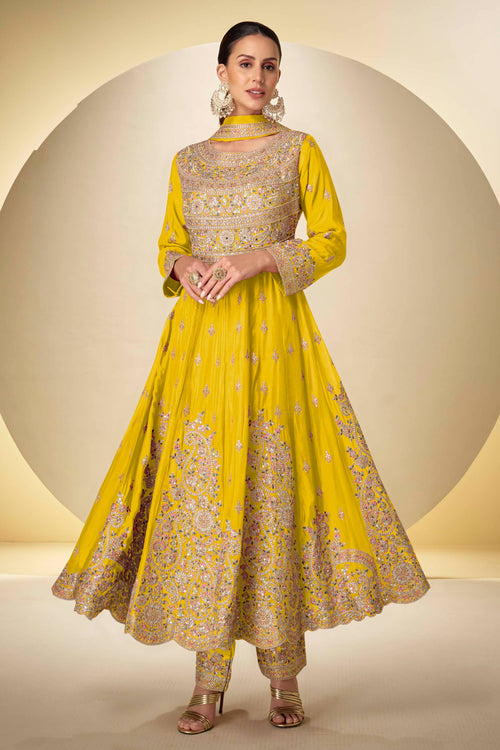Heavy Embroidered Yellow Readymade Anarkali Style Salwar Suit