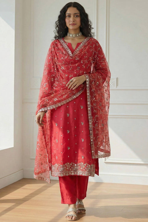 Organza Embroidered Red Function Wear Readymade Designer Salwar Kameez