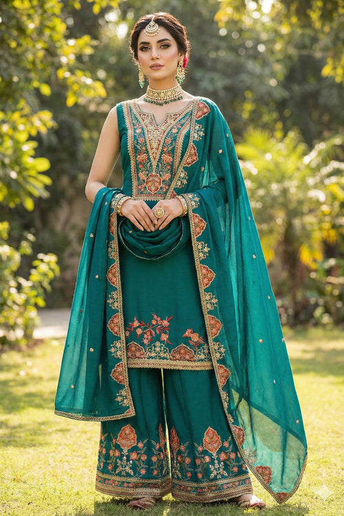 Embroidered Chinon Teal Palazzo Suit For Festive Wear