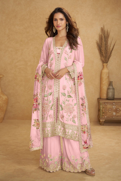 Chinon Embroidered Pink Readymade Palazzo Suit For Festive Wear