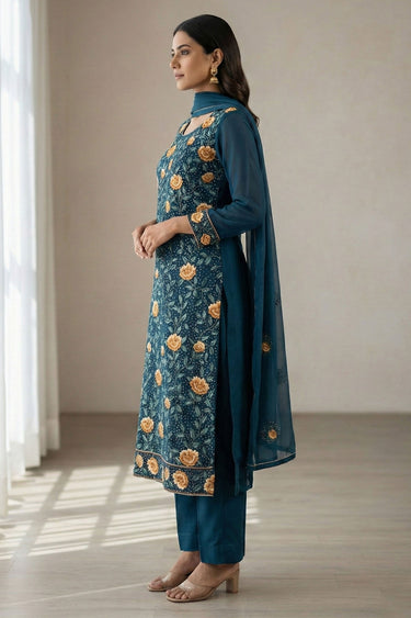 Embroidered Georgette Designer Readymade Salwar Suit In Teal Color