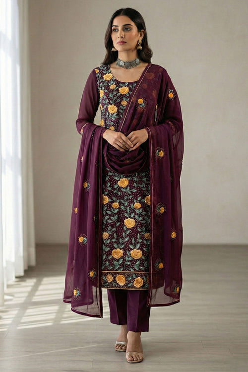 Wine Georgette Embroidered Work Designer Readymade Suit