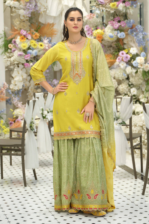 Chinon Embroidered Yellow Function Wear Readymade Palazzo Suit With Dupatta