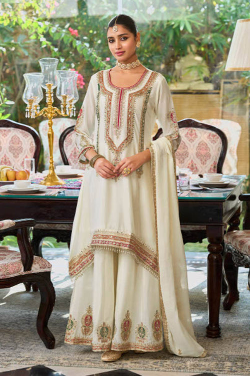 Embroidered Chinon White Party Wear Readymade Palazzo Suit With Dupatta